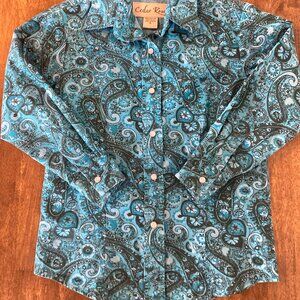 Girls Cedar Rose Paisley Print Blue Western Shirt Pearl Snaps Small Like New!